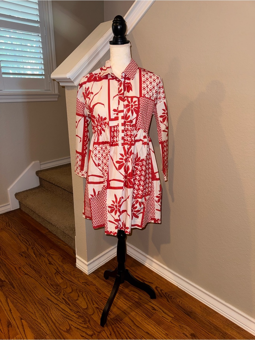 Maeve Red and White Patchwork Floral Shirt Dress